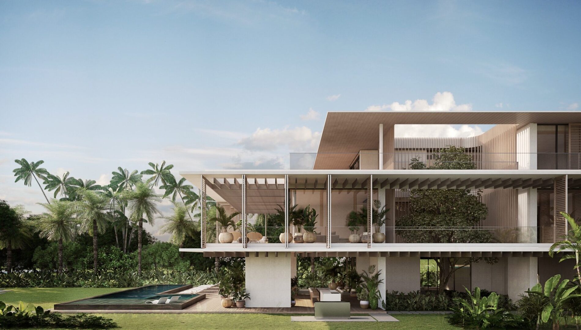 A beautiful building with a garden and a swimming pool