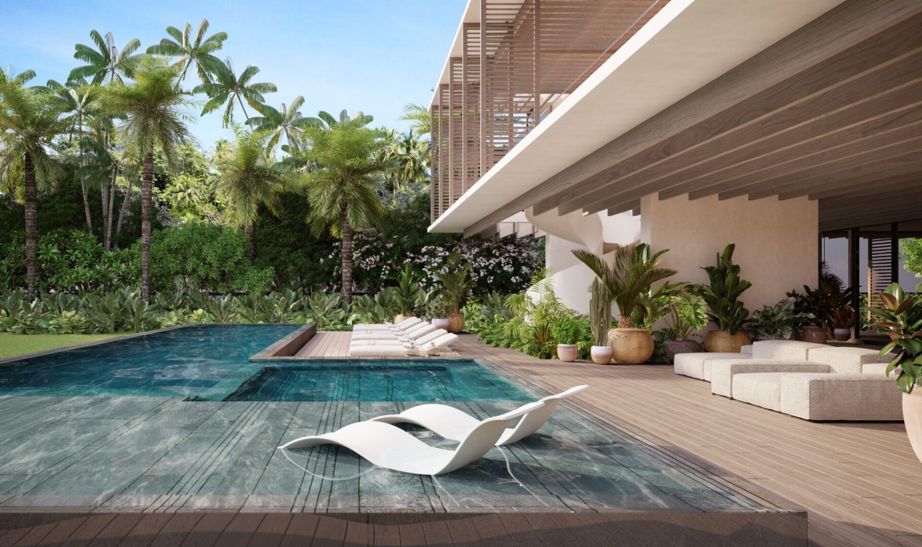A swimming pool with a white color chair